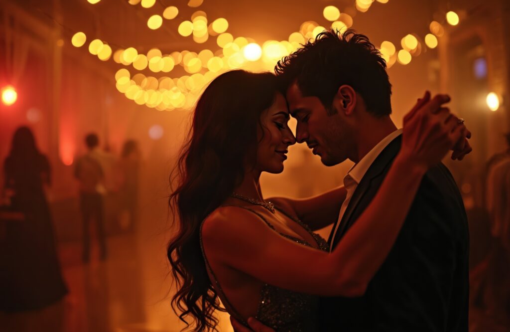Passionate couple dance in intimate setting. Warm glowing lights create romantic mood. Man and woman embrace. Love, tenderness connection. Night ballroom scene with dreamy lights.